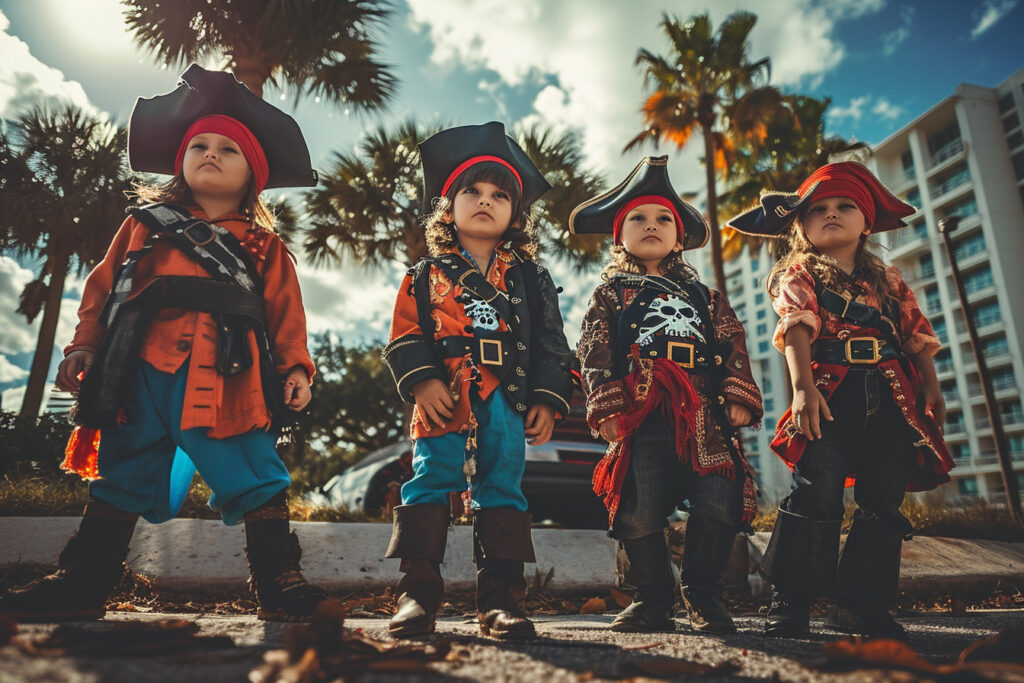 A group of children dressed in elaborate pirate costumes stand by the waterfront in Downtown Tampa, with one little girl in focus, gazing wistfully towards the horizon as palm trees and the city skyline form a backdrop, capturing the youthful excitement of the Children’s Gasparilla Festival.