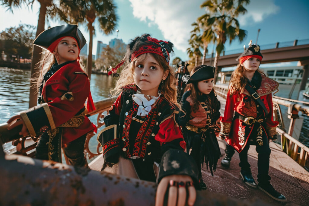 Four young children stand confidently in the sunlight, clad in vibrant pirate attire, complete with hats and sashes, against the backdrop of a clear blue sky and towering palm trees, embodying the adventurous spirit of the Children’s Gasparilla Festival in Downtown Tampa.