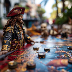 Close-up of a pirate captain figurine on a board game, highlighting the Gasparilla festival's iconic pirate imagery, set against a blurred backdrop suggestive of Tampa's festive atmosphere.