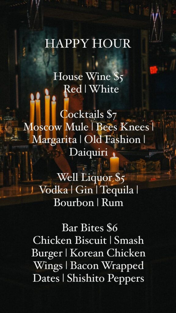 Barterhouse Ybor's Happy Hour featuring a list of specials including house wine, cocktails like Moscow Mules and Margaritas, as well as well liquor options, all with pricing. The image also highlights bar bites available at special rates, such as Chicken Biscuits, Smash Burger, Korean Chicken Wings, Bacon Wrapped Dates, and Shishito Peppers. The backdrop is a dimly lit bar with glowing candles, setting a cozy and inviting mood perfect for an after-work relaxation spot in Tampa's historic Ybor City.