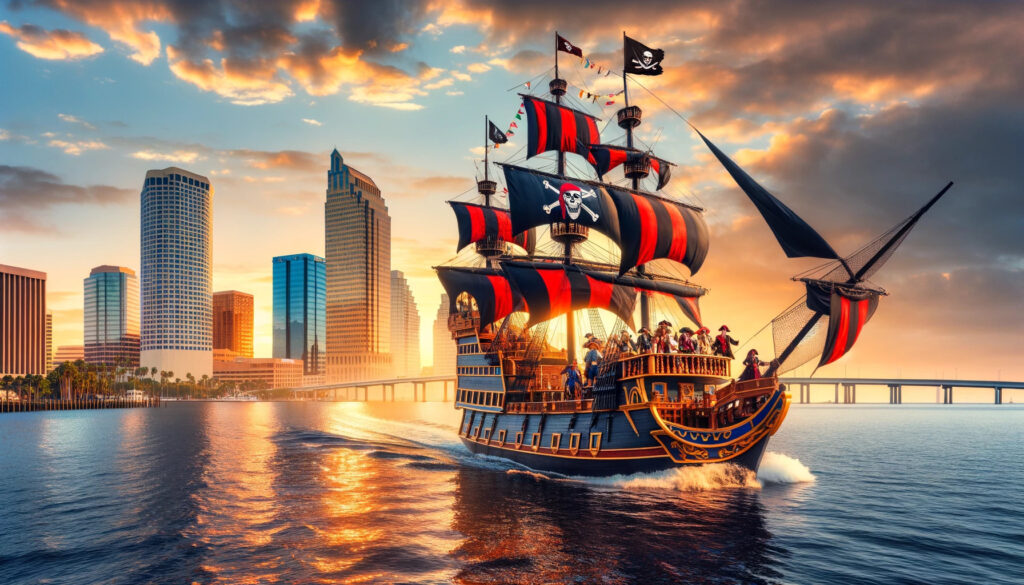 A stunning pirate ship with black and red sails makes its grand entrance into Tampa Bay during the Gasparilla Pirate Festival 2024, with costumed pirates on deck against the backdrop of the Tampa skyline at sunset.