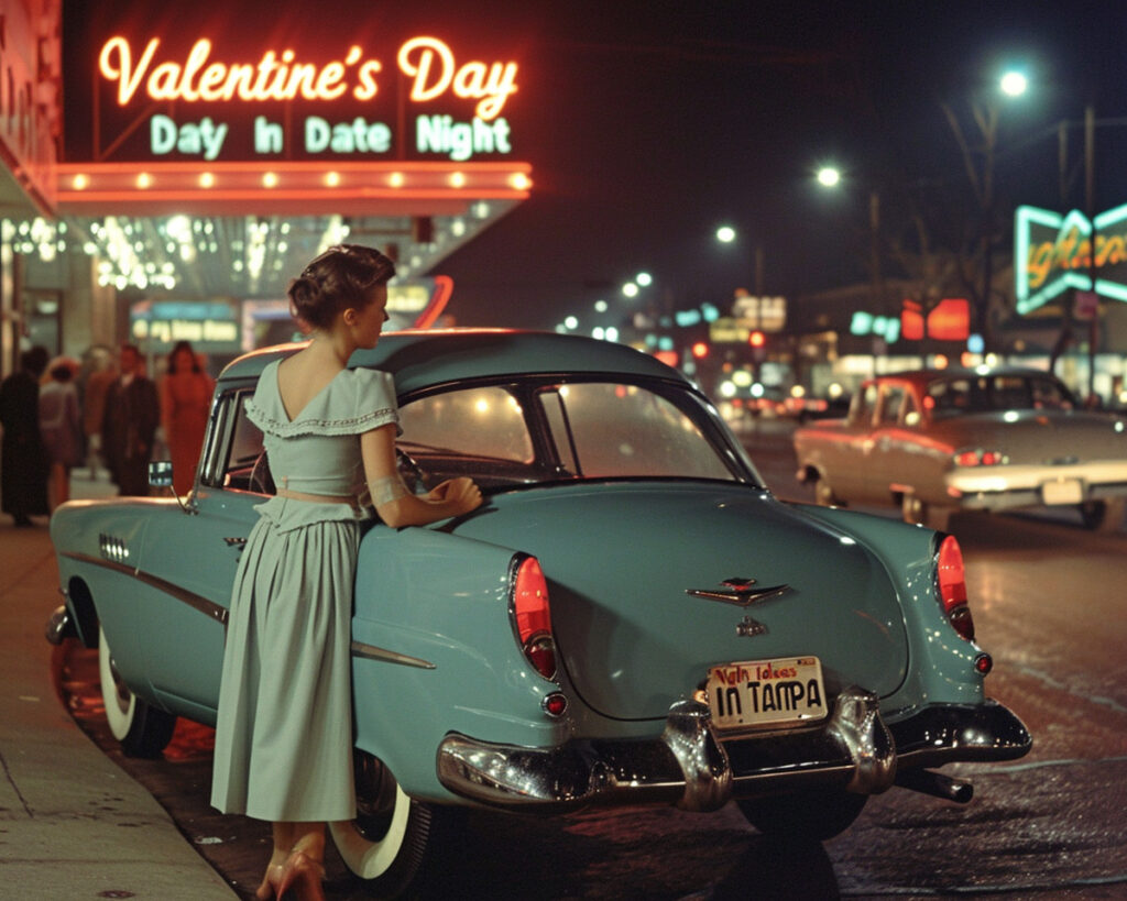 A couple embracing on a vibrant downtown Tampa street at night with a Valentine's Day themed streetcar in the background, showcasing a romantic urban date setting. Valentine's Day Date Ideas in Downtown Tampa