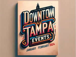 Vibrant poster featuring 'Downtown Tampa Events January - February 2024' in bold, colorful typography, perfect for promoting Tampa's winter festivities, local downtown parades, and cultural festivals on a travel blog optimized for the Rank Math Plugin in WordPress.