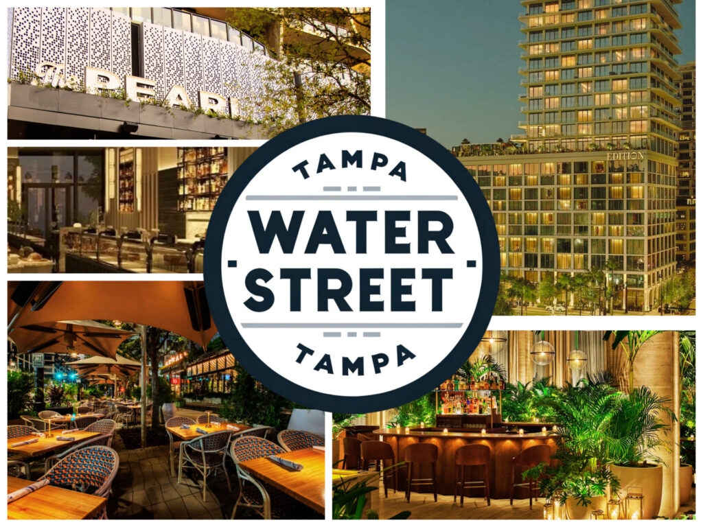 A collage-style cover photo for the blog 'Downtown Tampa Dining Guide: Explore Water Street's Best Eats', featuring three triangle-framed photos. Each frame captures a unique aspect of Water Street's Restuarants in Downtown Tampa Dining, including a bustling street view, an elegant outdoor dining setup with a skyline view, and close-up gourmet dishes.