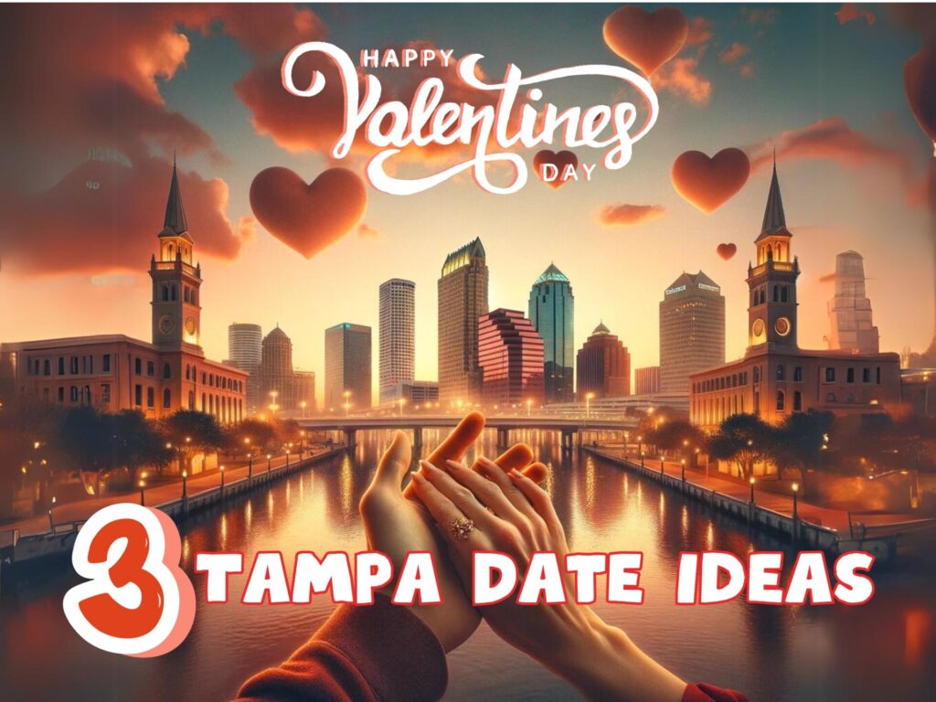 Tampa Valentine's Date Ideas, Happy Valentine's Day over a stunning Tampa skyline at sunset with heart-shaped balloons and a couple's hands forming a heart, highlighting top date ideas in Tampa.