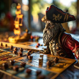 A vividly detailed chess figure donning a Gasparilla pirate hat stands poised on a chessboard, symbolizing strategic play at the Downtown Tampa Gasparilla Festival. In the blurred backdrop, a miniature ship akin to the Jose Gasparilla II and additional game pieces suggest a vibrant, pirate-themed event.