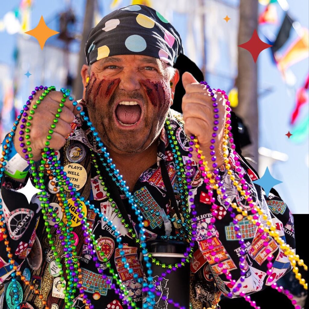 Enthusiastic pirate fest-goer in Tampa, adorned with colorful beads and pirate attire, expressing joy at the Gasparilla Festival, surrounded by vibrant festivity symbols.