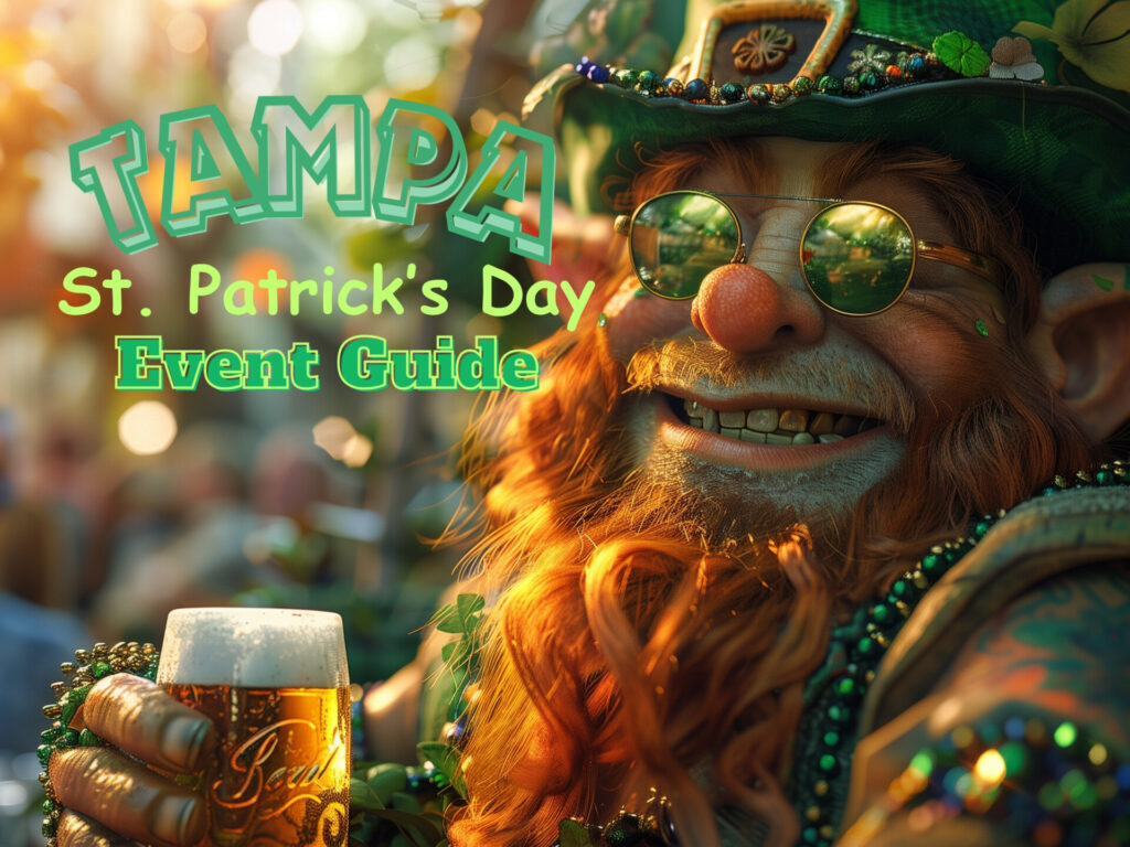 Promotional graphic for Tampa St. Patrick's Day Event Guide, featuring a jubilant leprechaun in a green top hat adorned with clovers, wearing gold-rimmed sunglasses, and holding a pint of beer. The festive spirit of St. Patrick's Day celebrations in Tampa, including the River O' Green Fest and various downtown Tampa St. Patrick's Day activities, is captured in the image. Keywords: St. Patrick's Day 2024 in Tampa, Tampa St. Patrick's Day events, Tampa River O' Green Fest, downtown Tampa celebrations, leprechaun, Irish culture, St. Paddy's Day festivities.