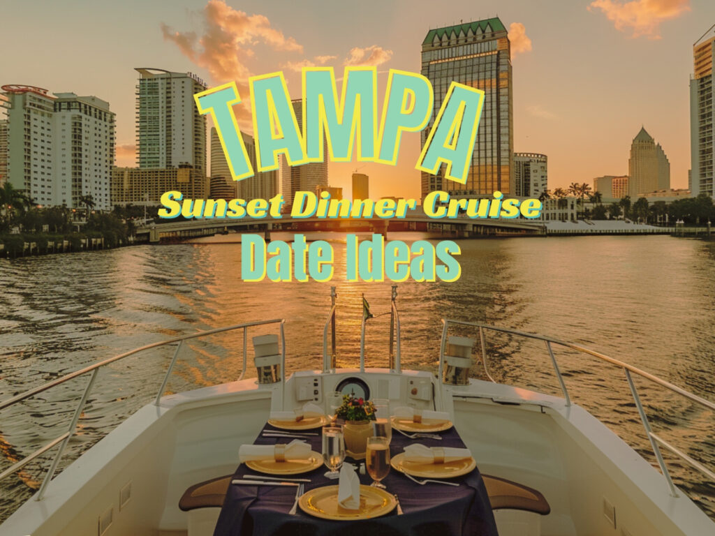 A romantic sunset dinner cruise set against the picturesque backdrop of Tampa's skyline, with a table for two elegantly arranged on the deck of a luxury yacht, reflecting the golden hues of the evening sky over the calm waters of Tampa Bay, inviting couples for a memorable dining experience.