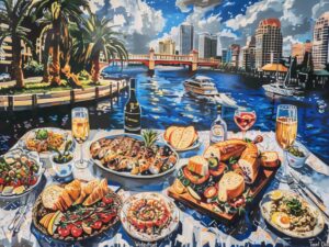 A vibrant painting of a sumptuous waterfront dining spread in Tampa, featuring a variety of dishes such as grilled seafood, fresh salads, and crusty bread, with champagne and wine. In the background, the picturesque Tampa skyline is visible along with palm trees and a boat cruising on the blue waters under a sky with fluffy clouds.