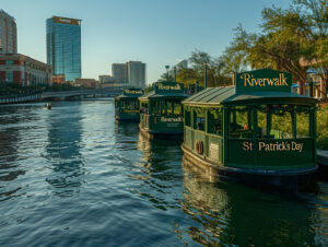 The image presents a serene view of Tampa's Riverwalk with water taxis adorned with "St. Patrick's Day" signs, poised on the glistening waters of the Hillsborough River. Skyscrapers tower in the background, bathed in the warm glow of the setting sun. This setting is likely a prime spot for the River O' Green Fest, capturing the essence of the city as it prepares for St. Patrick's Day celebrations.