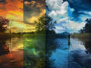 A composite image representing the four seasons at a Tampa fishing park, with the focus keyword 'Discover Tampa's Parks: A Guide to Outdoor Adventures in 2024'. The image is divided into quadrants showing different times of the day and seasons: a warm sunset reflecting on water for autumn, a bright, sunny sky for summer, a serene twilight for winter, and a fisherman casting a line in the calm waters of spring, showcasing outdoor activities Tampa and Tampa parks with canoe rentals.